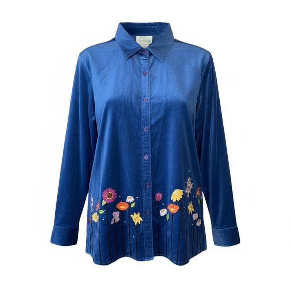 The Quacker Factory Tops - The Quaker Factory Button-Down Shirt, Large, Navy Blue with Floral Embroidery De